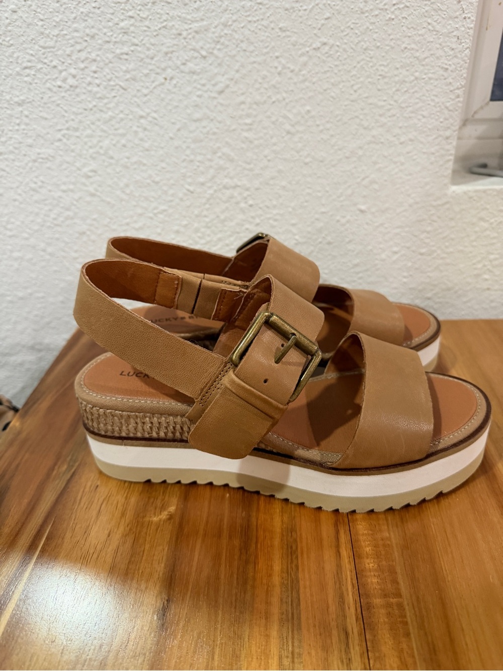 Lucky Brand Cognac Leather Platform Slingback Sandals